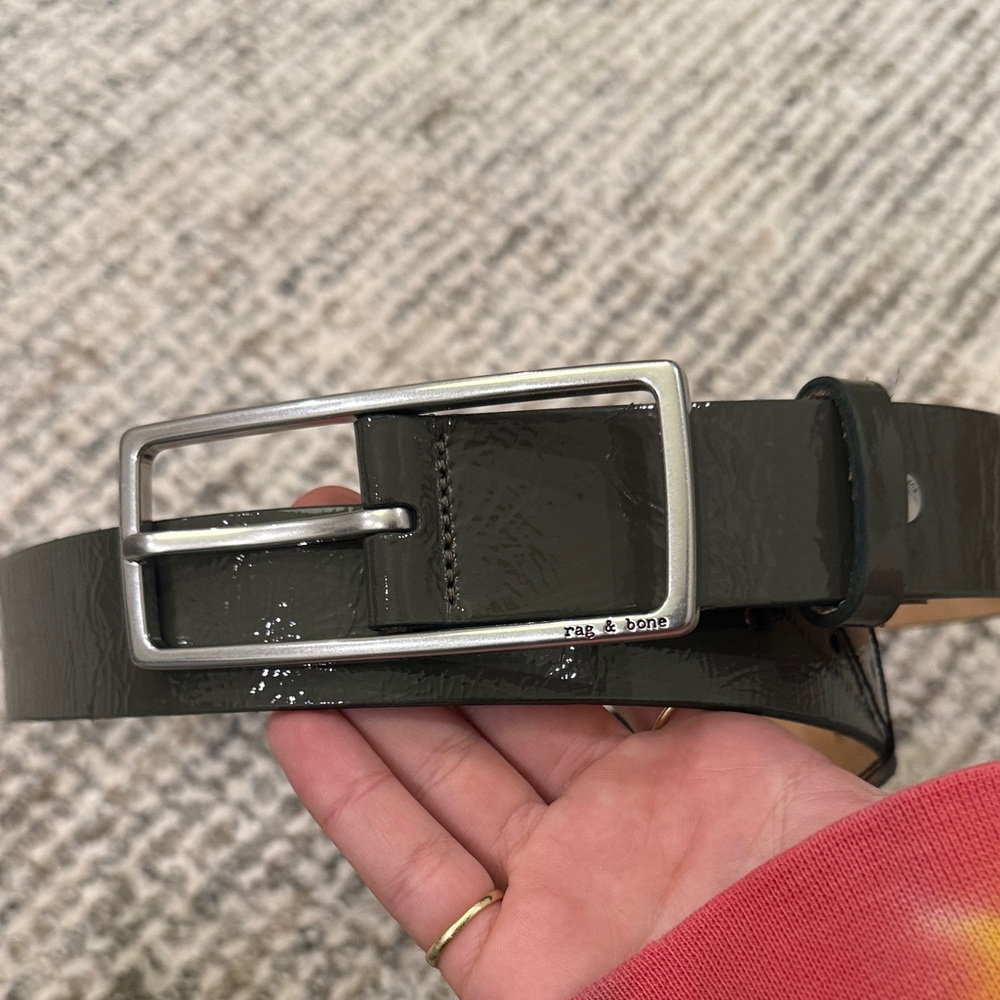 rag & bone Glossy Olive Patent Leather Belt with Silver Buckle